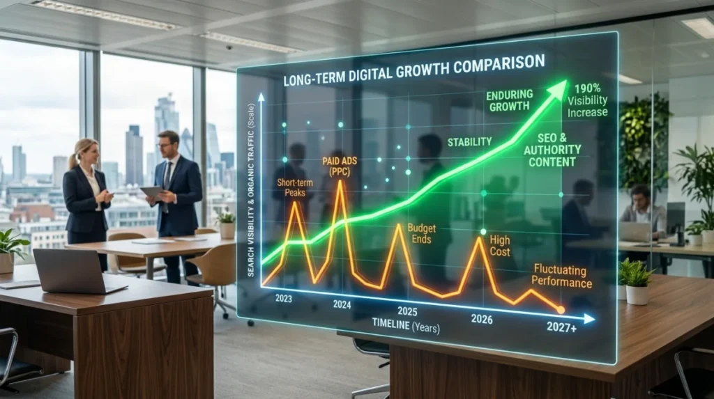 Which approach has the strongest long-term effect on search visibility?