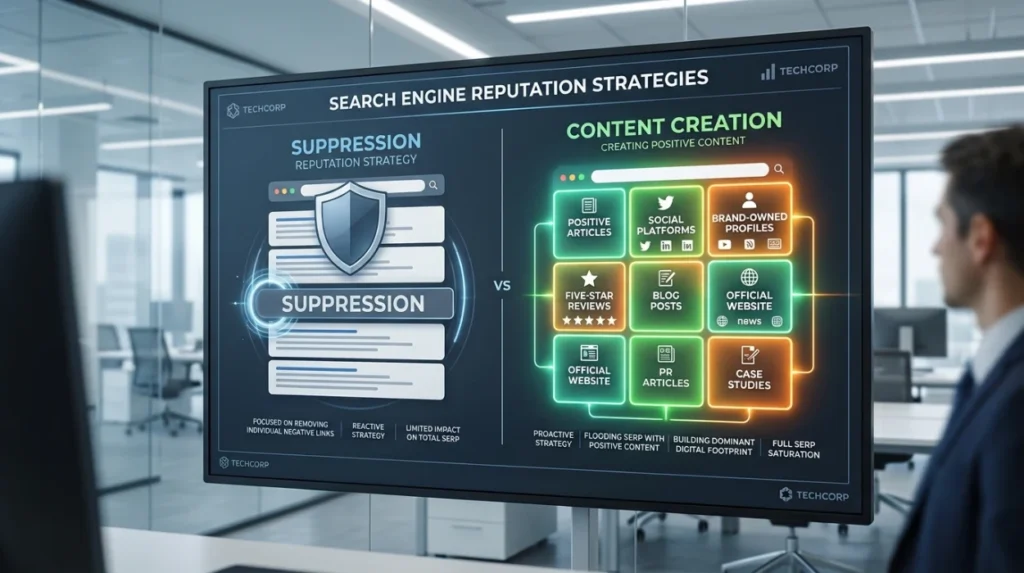Which strategy provides stronger SERP control: suppression or content creation?