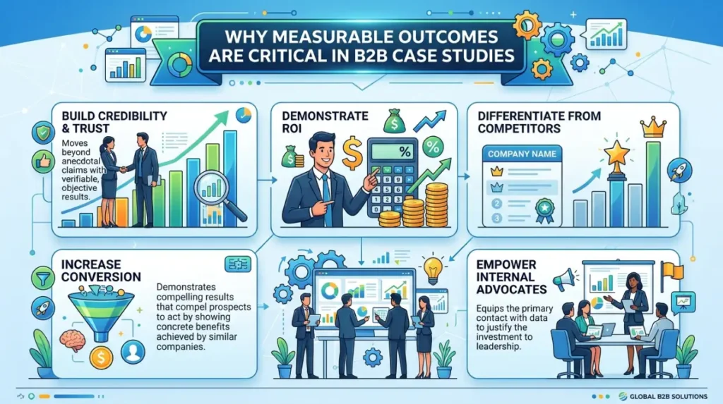 Why are measurable outcomes important in B2B case studies?