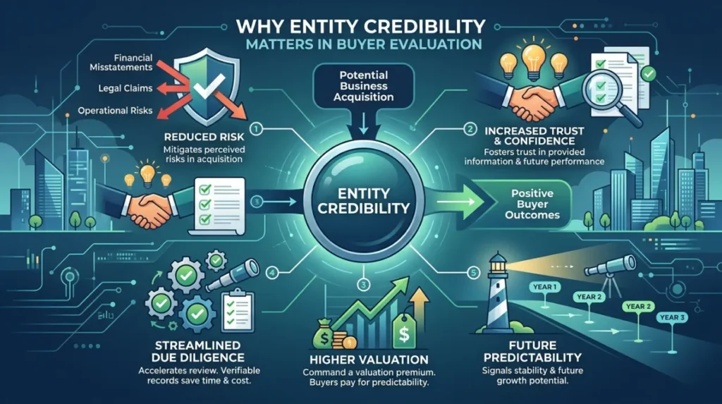 Why does entity credibility matter when buyers evaluate a business?