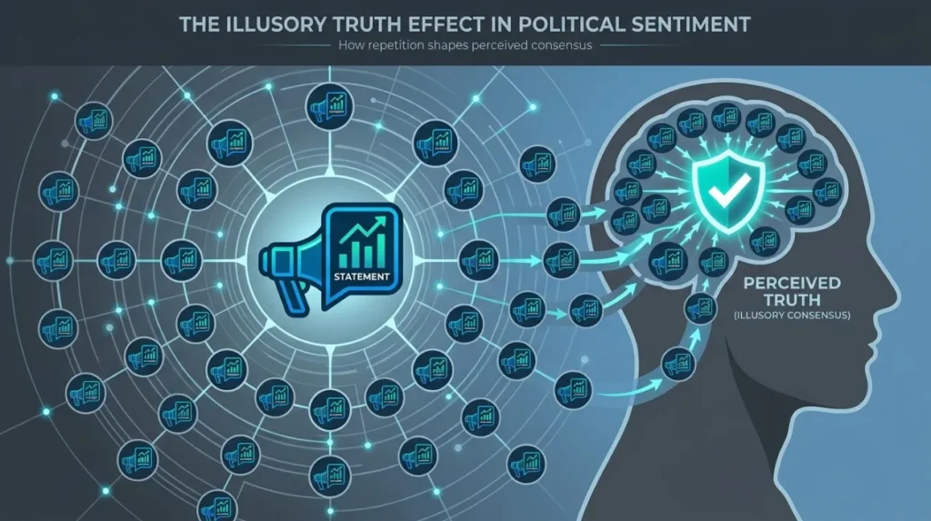 Why does repetition influence perceived political sentiment?