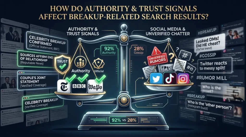 How do authority and trust signals affect breakup-related search results?