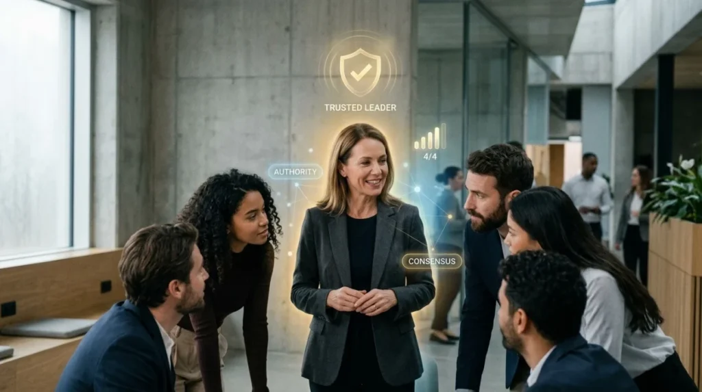 How do authority and trust signals influence group-photo content?