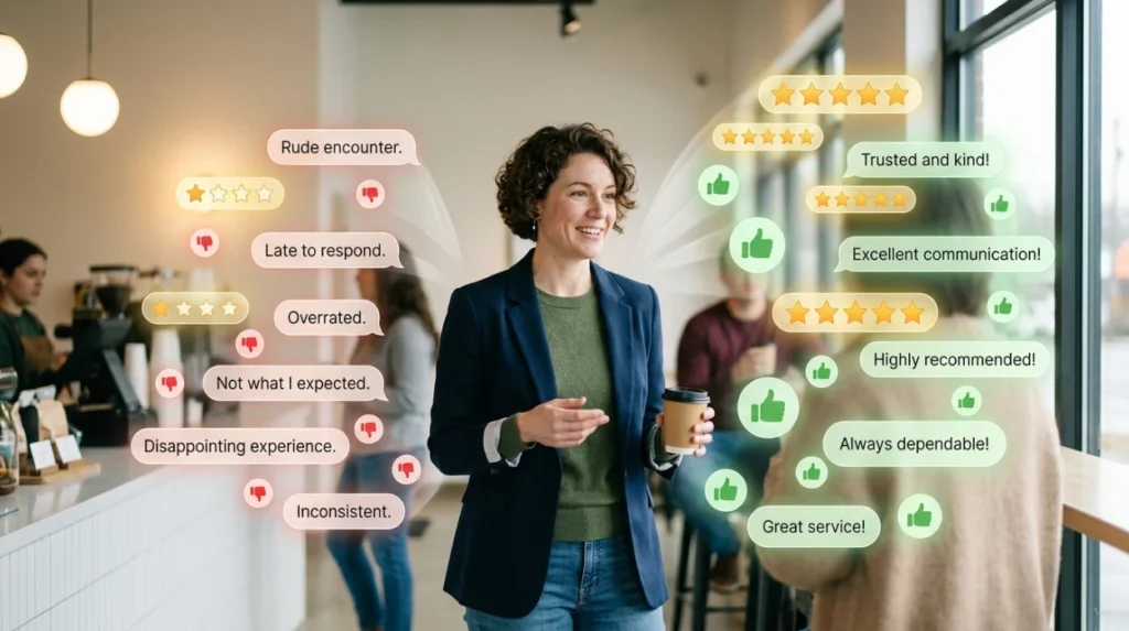 How do reviews and sentiment influence perceptions of an individual?