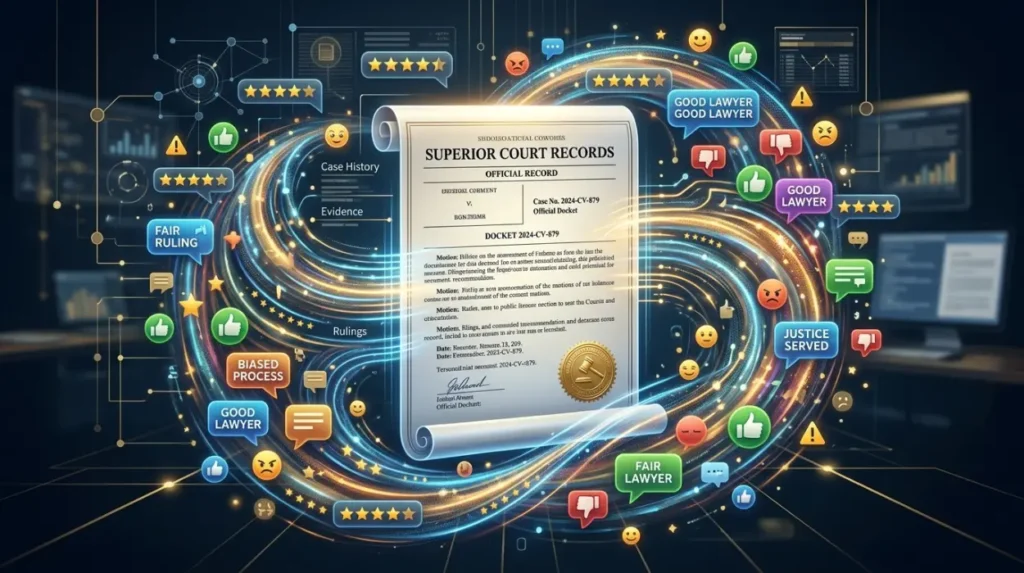 How do reviews and sentiment signals interact with court records?