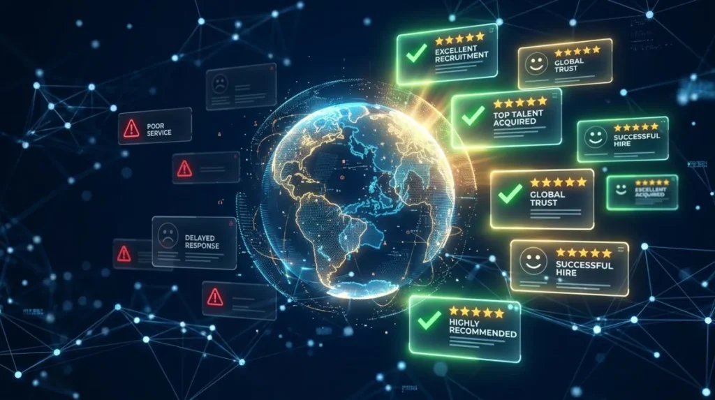 How do reviews influence international recruiter reputation?