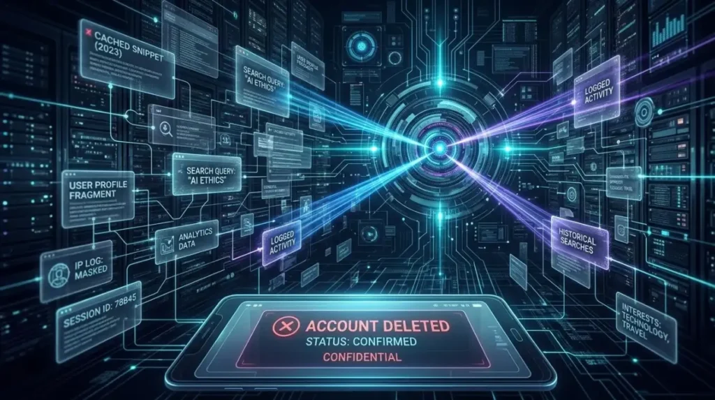 How do search engines interpret information after an account is deleted?