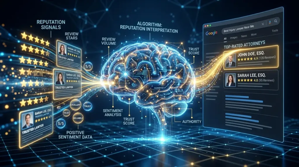 How do search engines interpret reputation signals from attorney reviews?