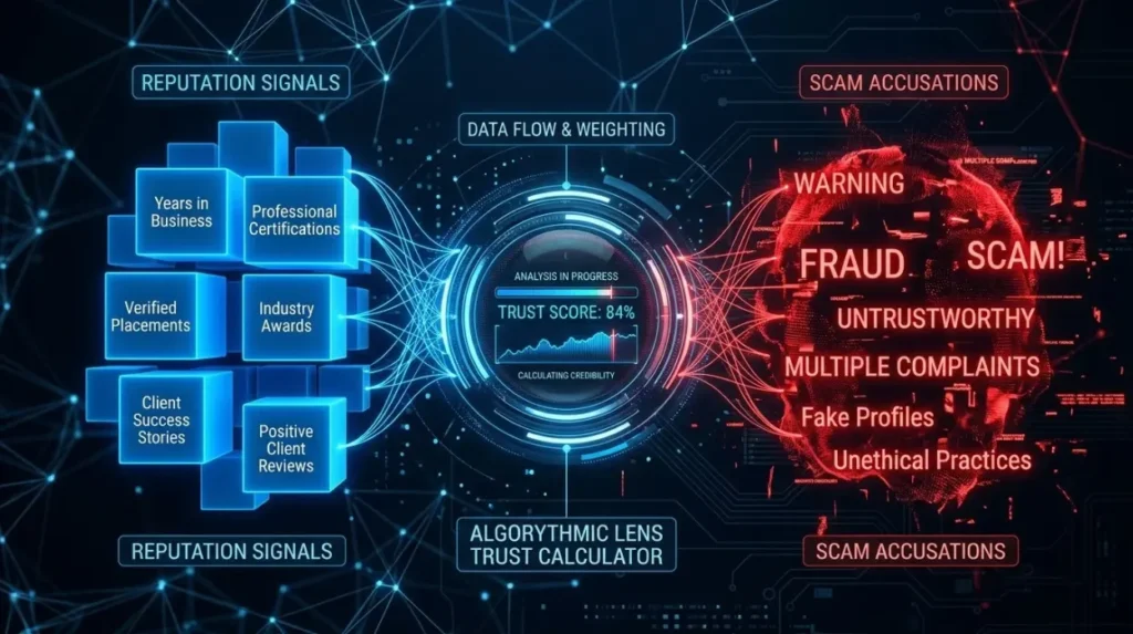 How do search engines interpret scam accusations and reputation signals?