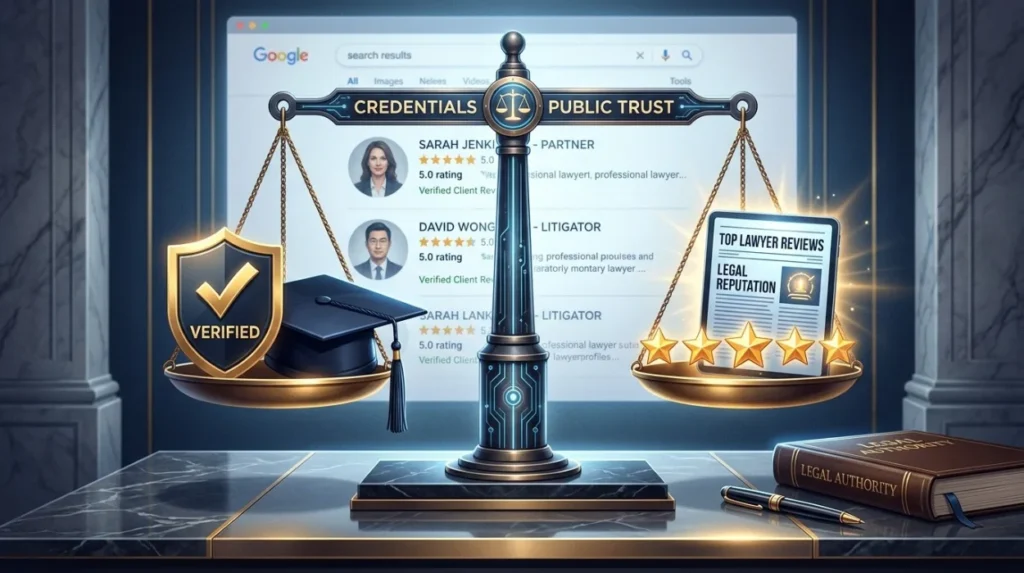 How do search engines interpret trust and credibility for lawyers?