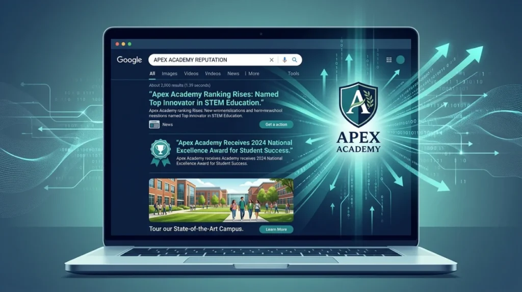 How does PR activity influence school reputation in search results?