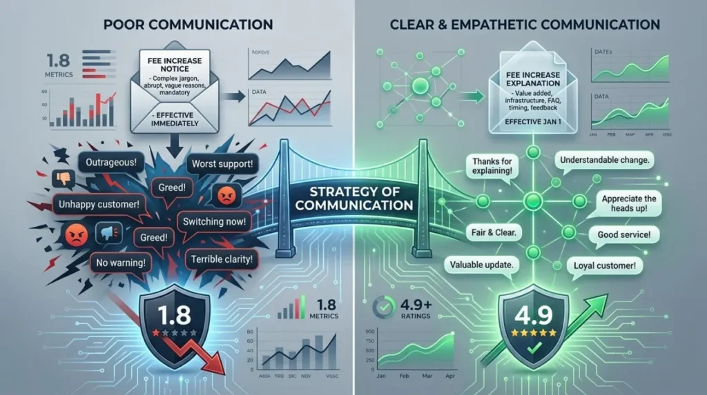 How does communication of fee increases affect online reputation?