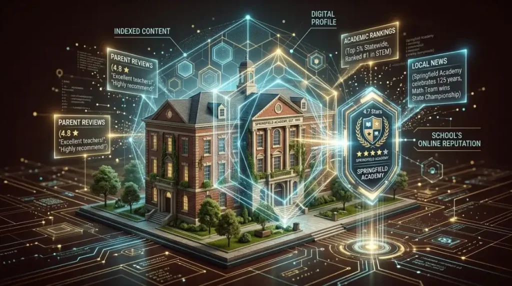 How does content indexing affect the reputation of private schools?
