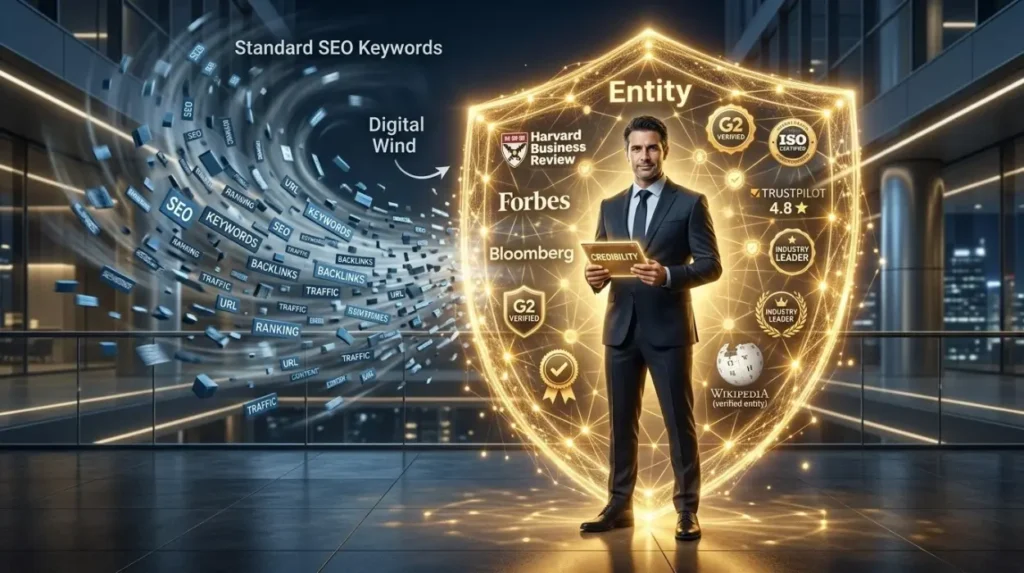 How does entity credibility affect executive search firms differently from ordinary SEO?