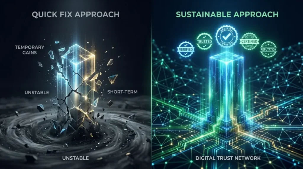 How does long-term reputation sustainability differ between approaches?