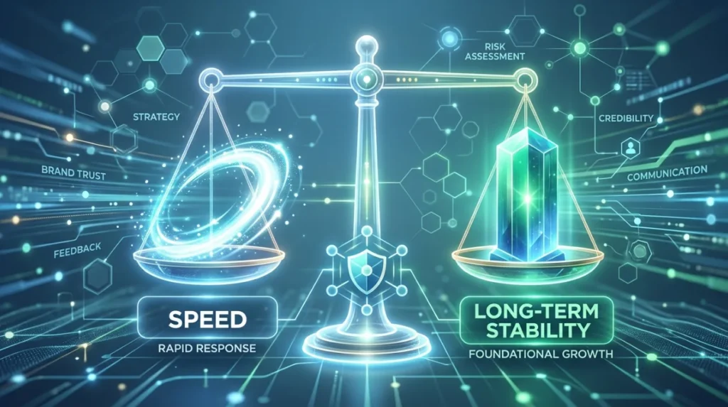 How does reputation management balance speed with long-term stability?