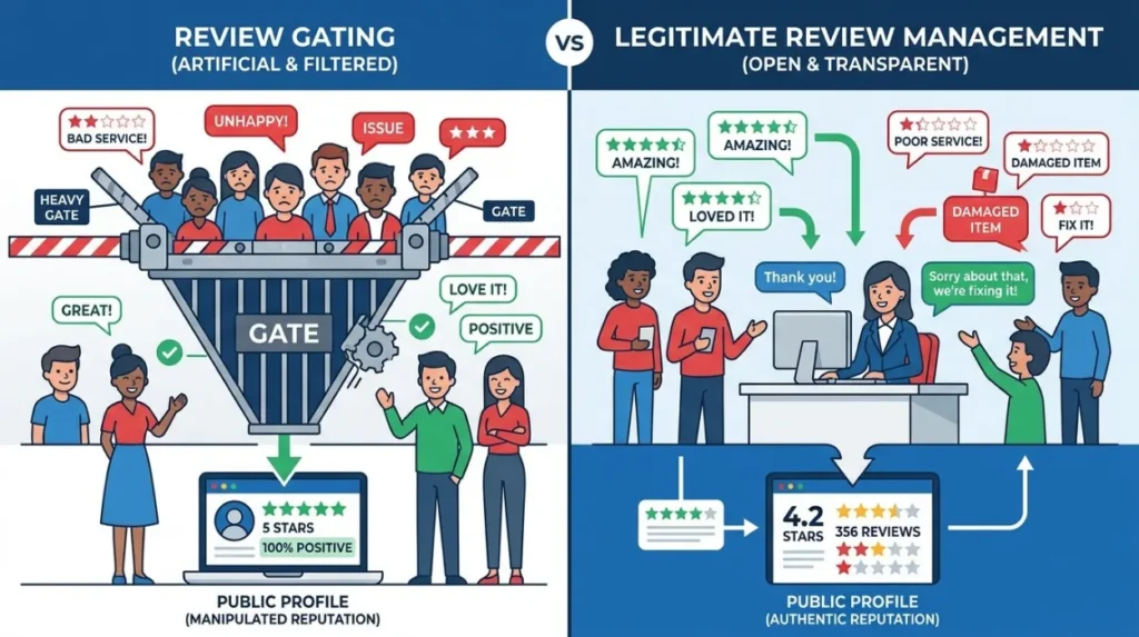 How does review gating differ from legitimate review management?