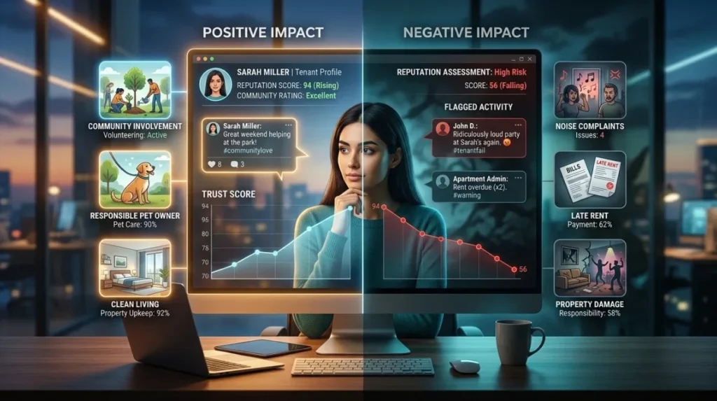 How does social media content affect a tenant’s online reputation?