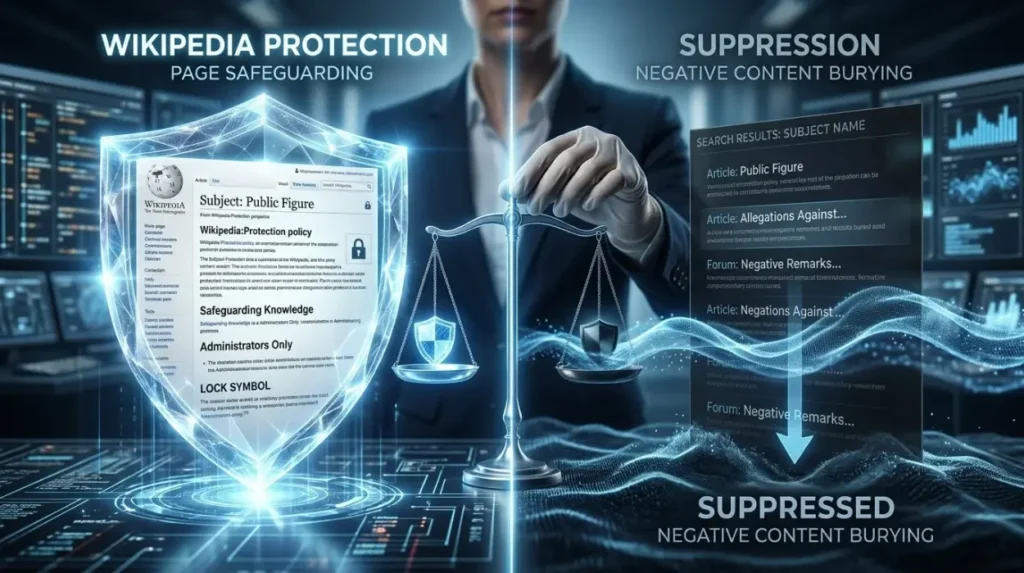 Is Wikipedia protection more effective than search suppression?