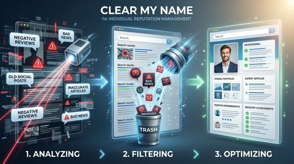 What does the Clear My Name process involve for individual reputation management?