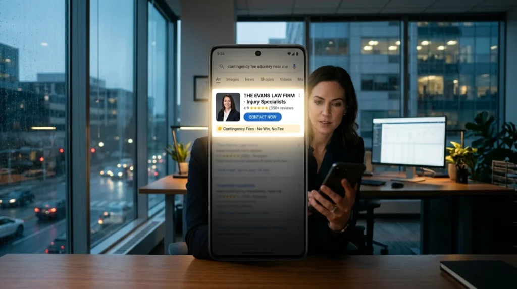 Why does search visibility matter when clients research contingency-fee attorneys?