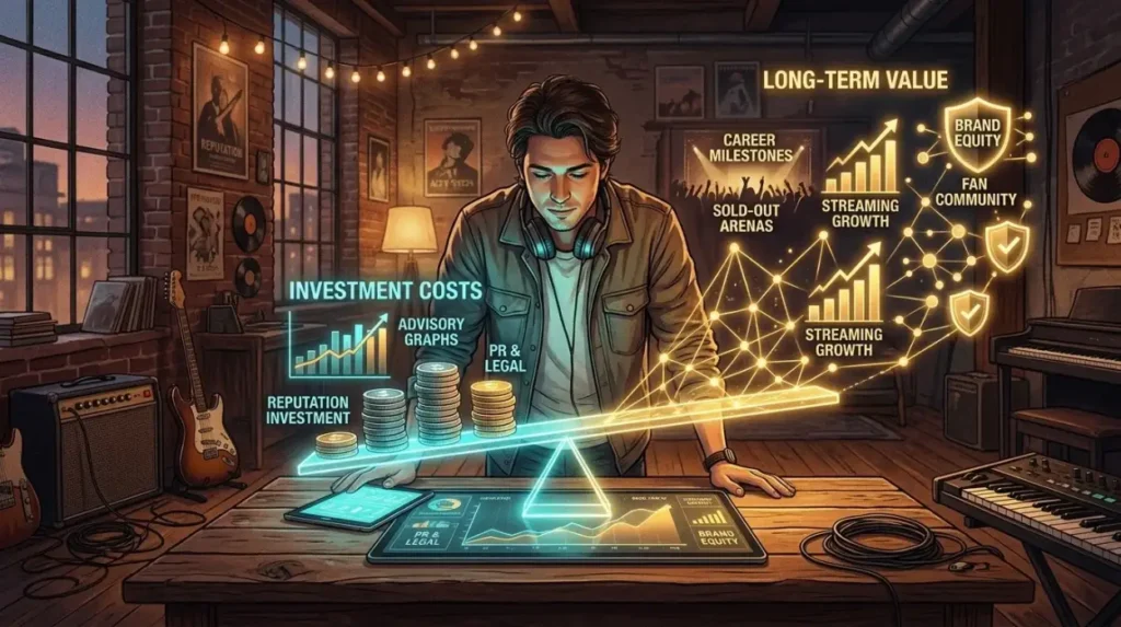 How can musicians assess the cost and long-term value of reputation management?