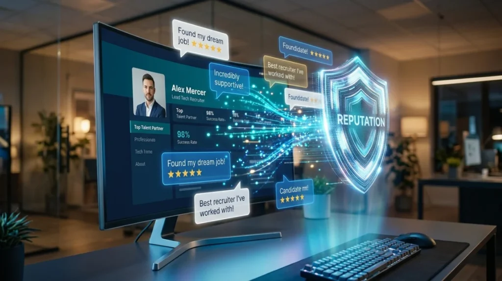 How do candidate reviews influence the online reputation of software recruiters?