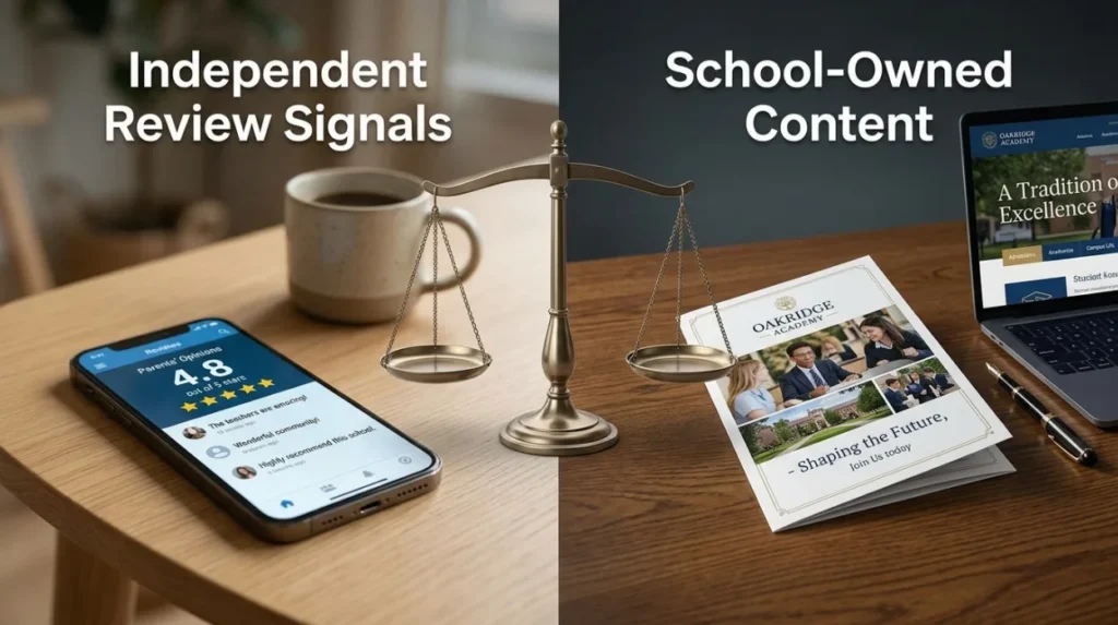 How do review signals compare with school-owned content?