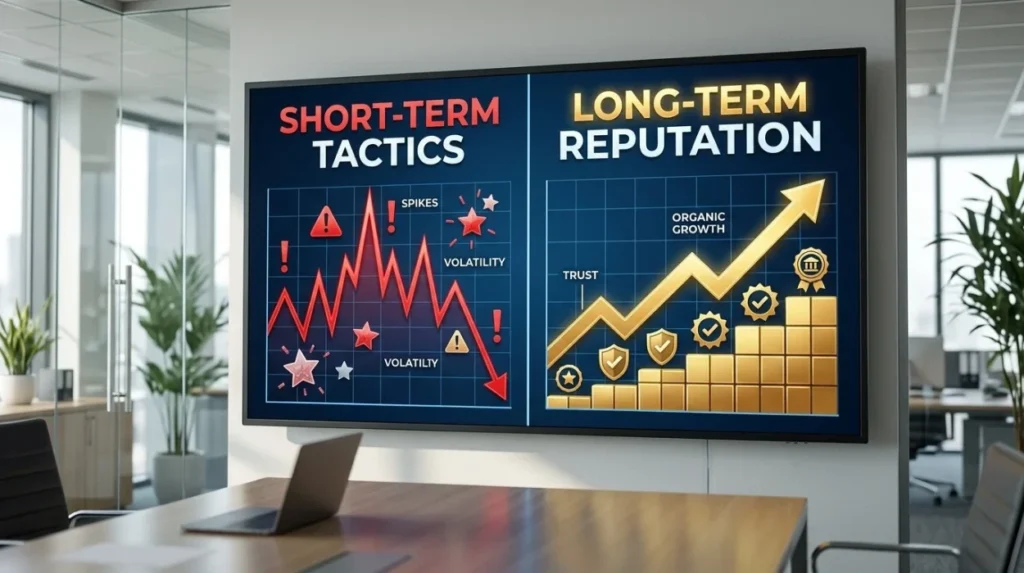 How do short-term review growth tactics compare with long-term reputation development?