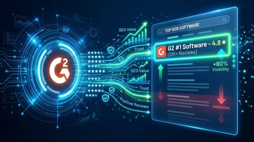 How does G2 review management improve search visibility and SERP control?