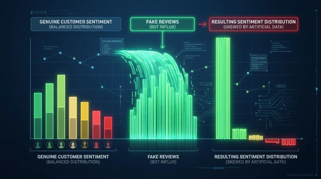 How does fake review activity affect sentiment distribution?