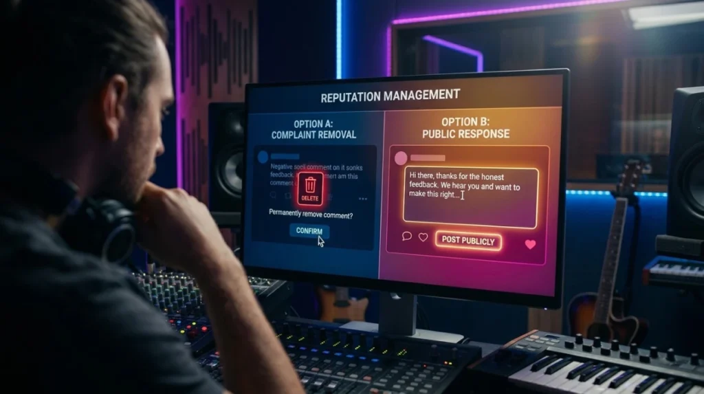Should musicians prioritise complaint removal or public responses?